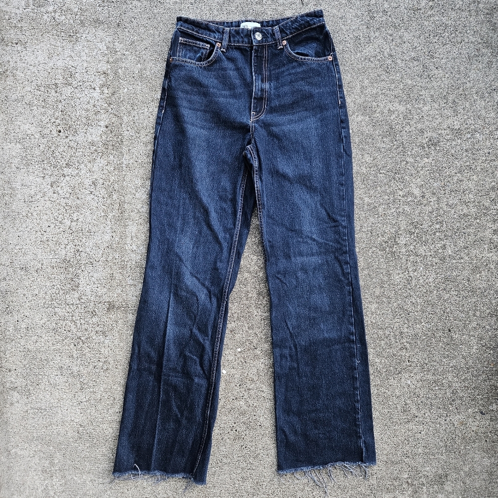 Zara TRF High Rise Wide Leg Blogger Jeans Long Leg Blue Denim Raw Hem Size 8